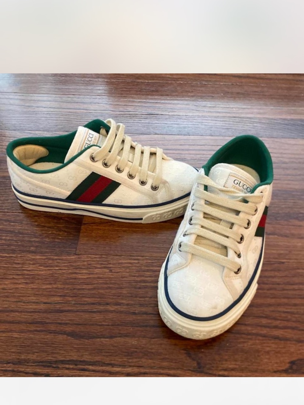 Gucci Kids Cream Sneakers with Green & Red Web Accent